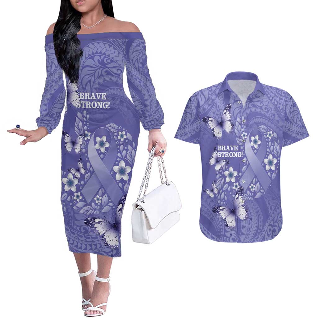 Polynesia Stomach Cancer Awareness Couples Matching Off The Shoulder Long Sleeve Dress and Hawaiian Shirt Periwinkle Ribbon Brave Strong!