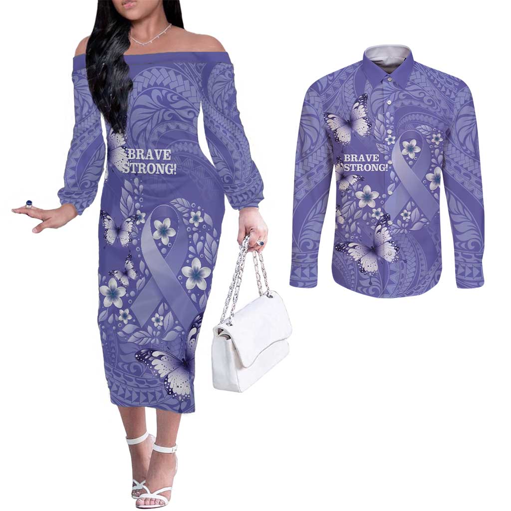 Polynesia Stomach Cancer Awareness Couples Matching Off The Shoulder Long Sleeve Dress and Long Sleeve Button Shirt Periwinkle Ribbon Brave Strong! LT14 Periwinkle - Polynesian Pride