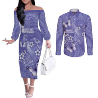 Polynesia Stomach Cancer Awareness Couples Matching Off The Shoulder Long Sleeve Dress and Long Sleeve Button Shirt Periwinkle Ribbon Brave Strong! LT14 Periwinkle - Polynesian Pride