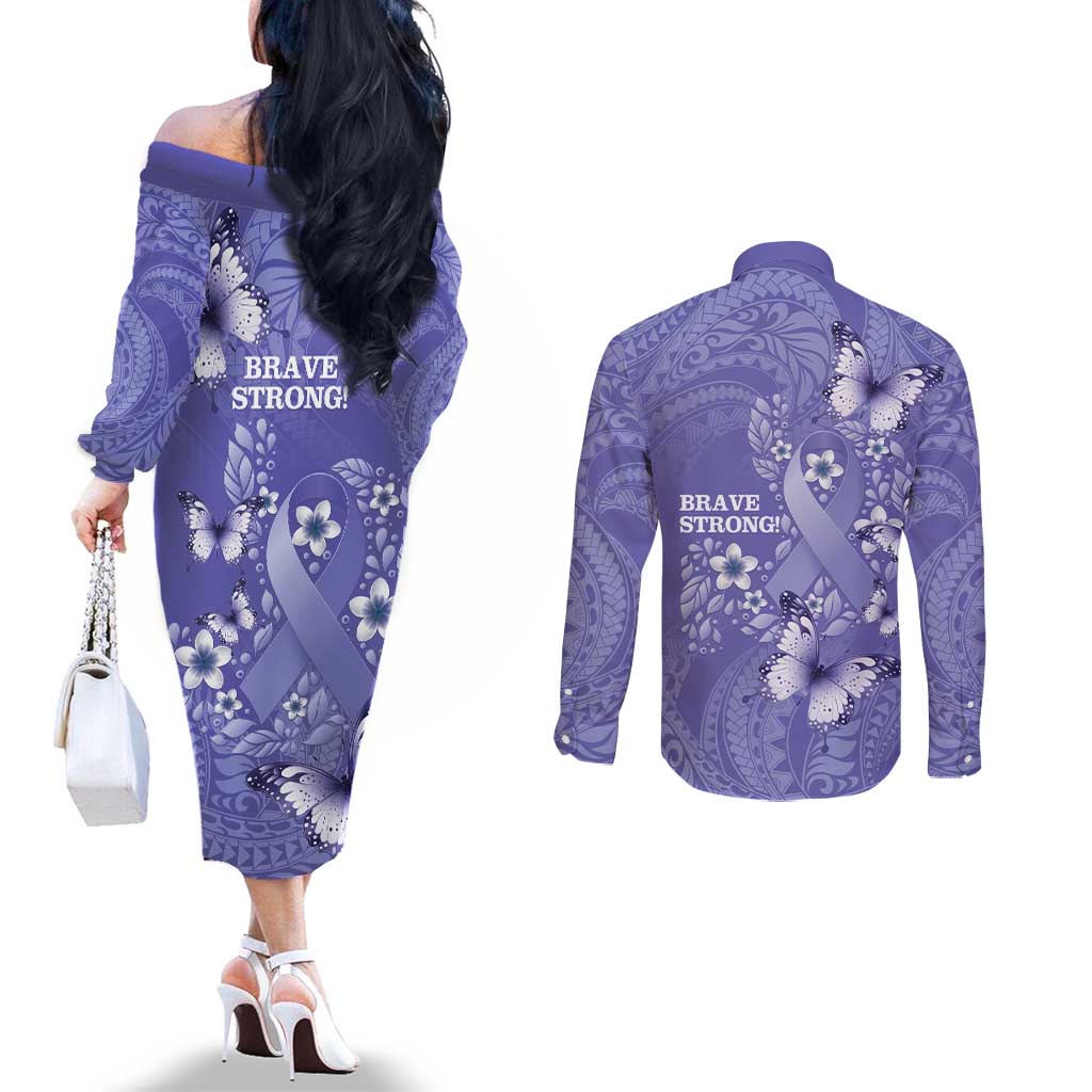 Polynesia Stomach Cancer Awareness Couples Matching Off The Shoulder Long Sleeve Dress and Long Sleeve Button Shirt Periwinkle Ribbon Brave Strong! LT14 - Polynesian Pride
