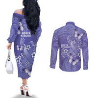 Polynesia Stomach Cancer Awareness Couples Matching Off The Shoulder Long Sleeve Dress and Long Sleeve Button Shirt Periwinkle Ribbon Brave Strong! LT14 - Polynesian Pride