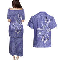 Polynesia Stomach Cancer Awareness Couples Matching Puletasi and Hawaiian Shirt Periwinkle Ribbon Brave Strong! LT14 - Polynesian Pride