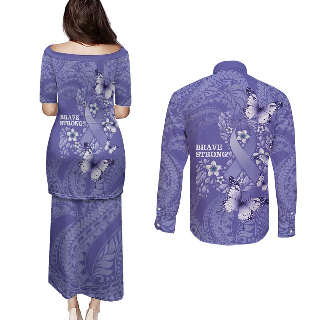 Polynesia Stomach Cancer Awareness Couples Matching Puletasi and Long Sleeve Button Shirt Periwinkle Ribbon Brave Strong!
