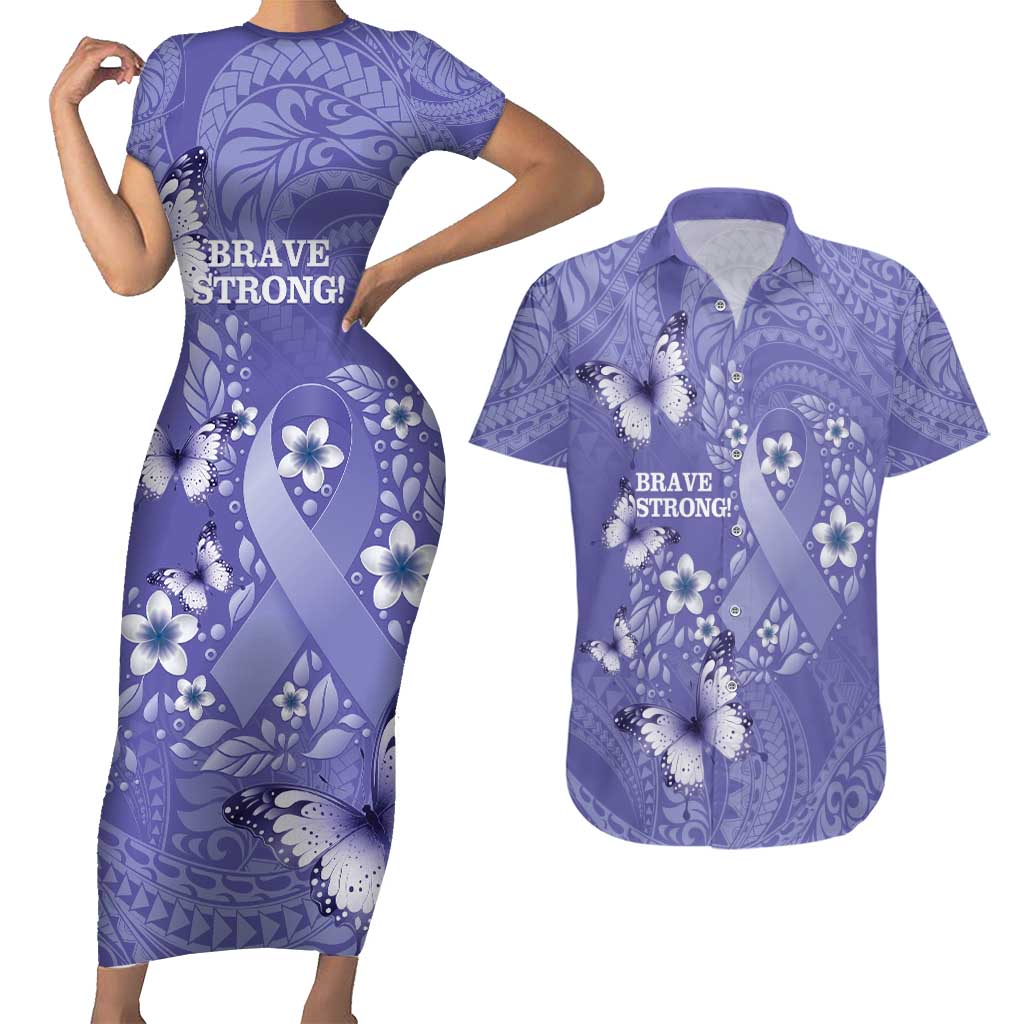 Polynesia Stomach Cancer Awareness Couples Matching Short Sleeve Bodycon Dress and Hawaiian Shirt Periwinkle Ribbon Brave Strong!