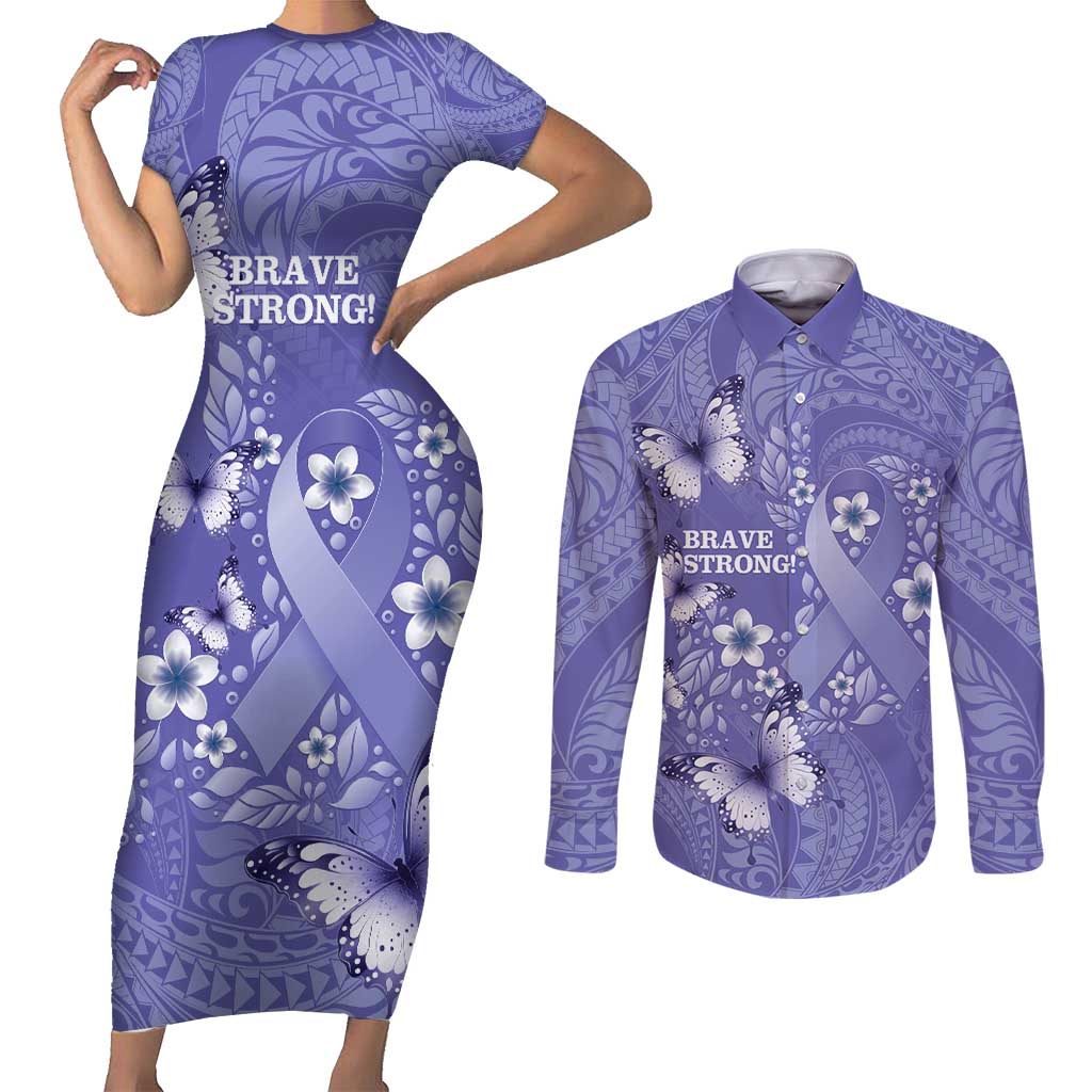 Polynesia Stomach Cancer Awareness Couples Matching Short Sleeve Bodycon Dress and Long Sleeve Button Shirt Periwinkle Ribbon Brave Strong! LT14 Periwinkle - Polynesian Pride
