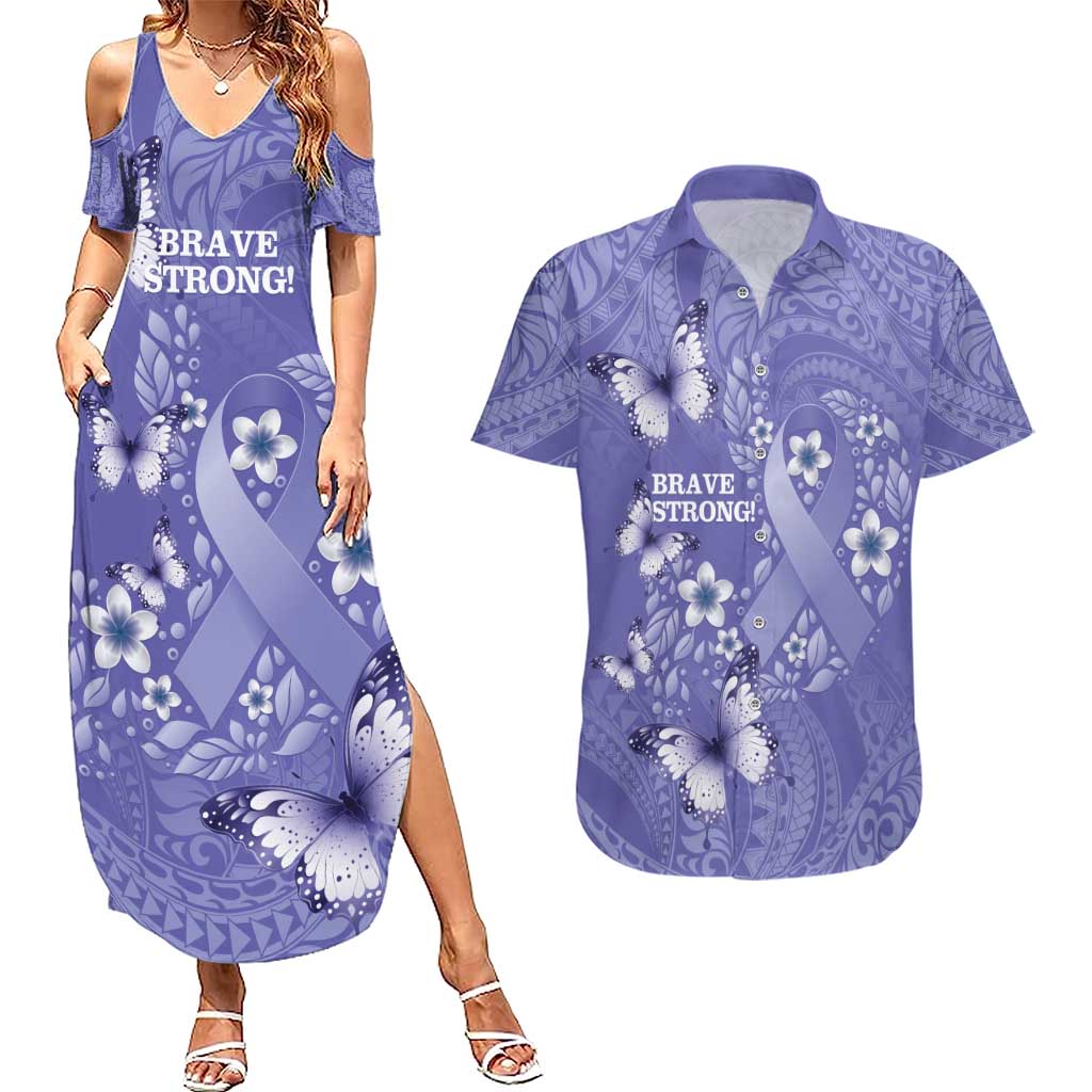 Polynesia Stomach Cancer Awareness Couples Matching Summer Maxi Dress and Hawaiian Shirt Periwinkle Ribbon Brave Strong! LT14 Periwinkle - Polynesian Pride