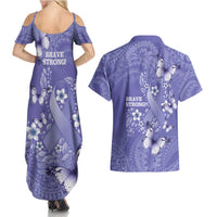 Polynesia Stomach Cancer Awareness Couples Matching Summer Maxi Dress and Hawaiian Shirt Periwinkle Ribbon Brave Strong! LT14 - Polynesian Pride