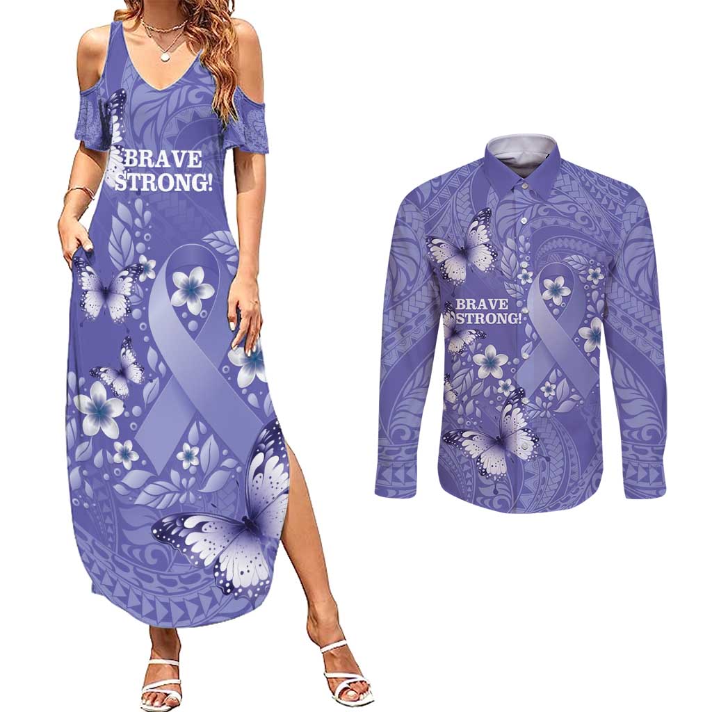 Polynesia Stomach Cancer Awareness Couples Matching Summer Maxi Dress and Long Sleeve Button Shirt Periwinkle Ribbon Brave Strong! LT14 Periwinkle - Polynesian Pride