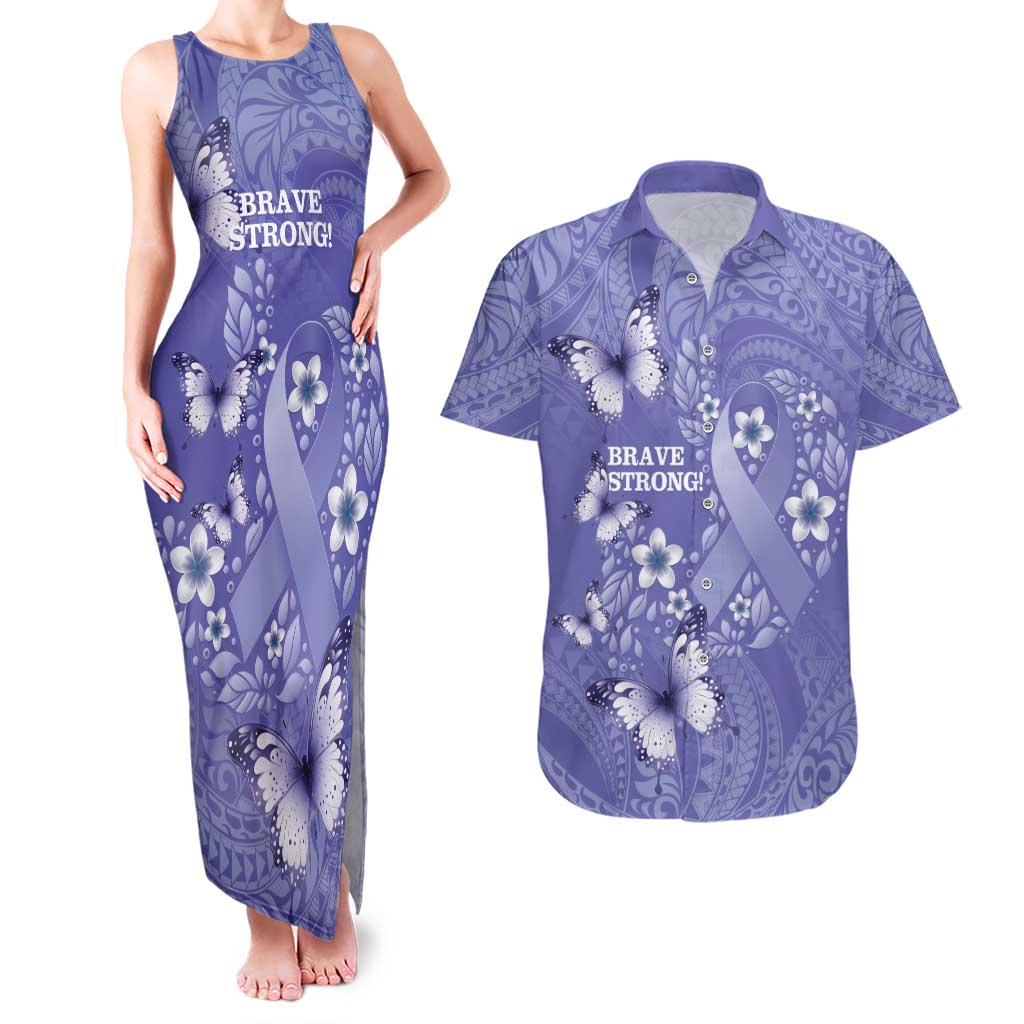 Polynesia Stomach Cancer Awareness Couples Matching Tank Maxi Dress and Hawaiian Shirt Periwinkle Ribbon Brave Strong! LT14 Periwinkle - Polynesian Pride