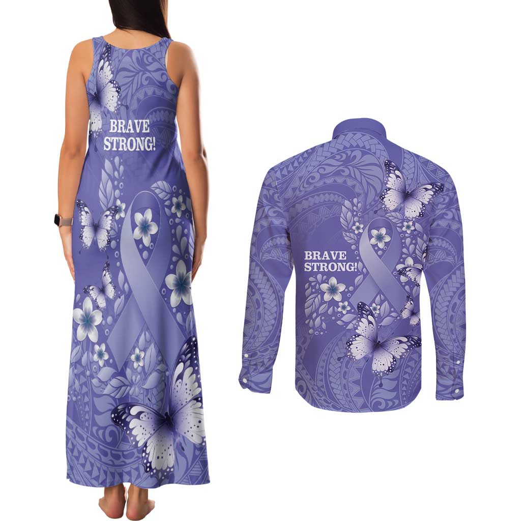 Polynesia Stomach Cancer Awareness Couples Matching Tank Maxi Dress and Long Sleeve Button Shirt Periwinkle Ribbon Brave Strong! LT14 - Polynesian Pride