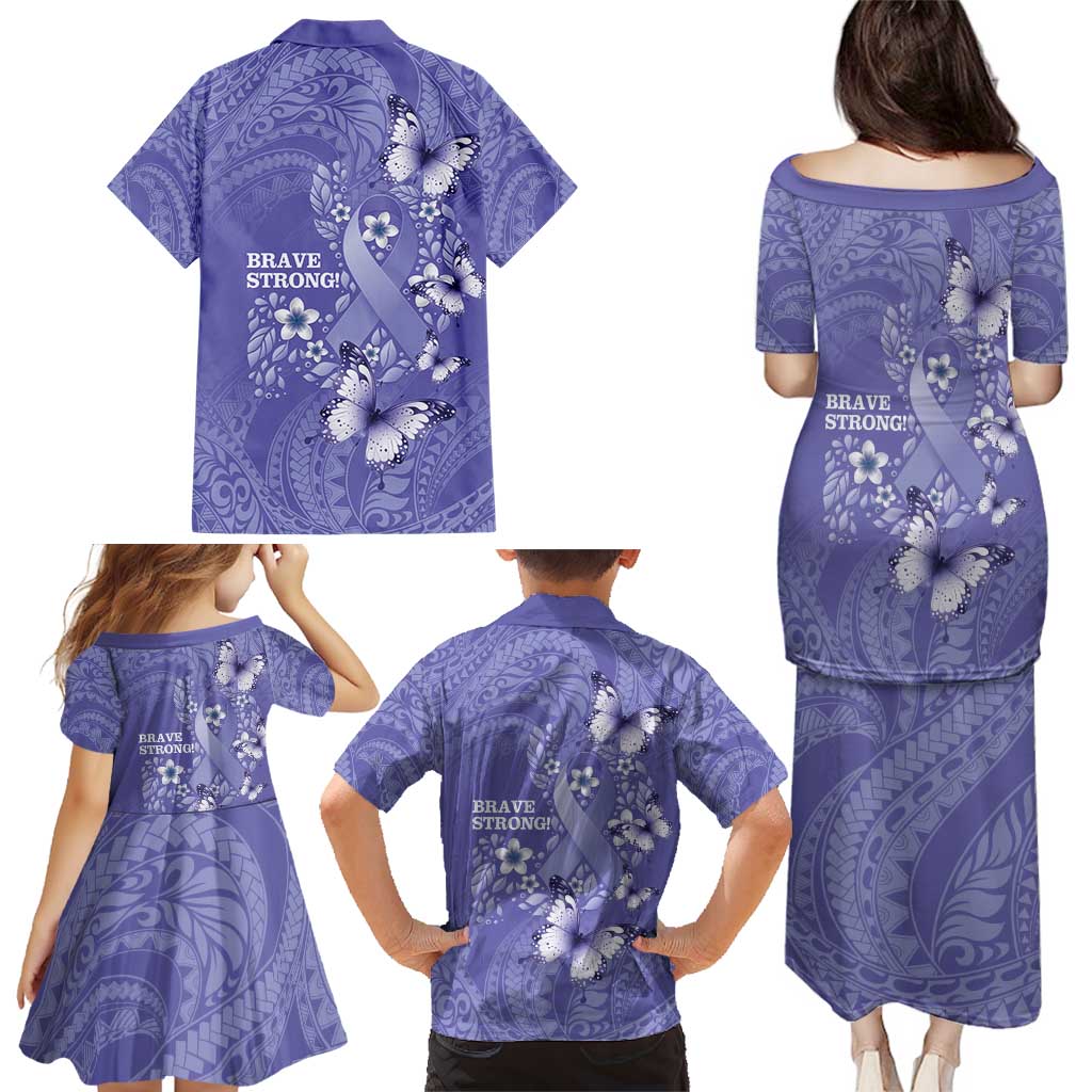 Polynesia Stomach Cancer Awareness Family Matching Puletasi and Hawaiian Shirt Periwinkle Ribbon Brave Strong!