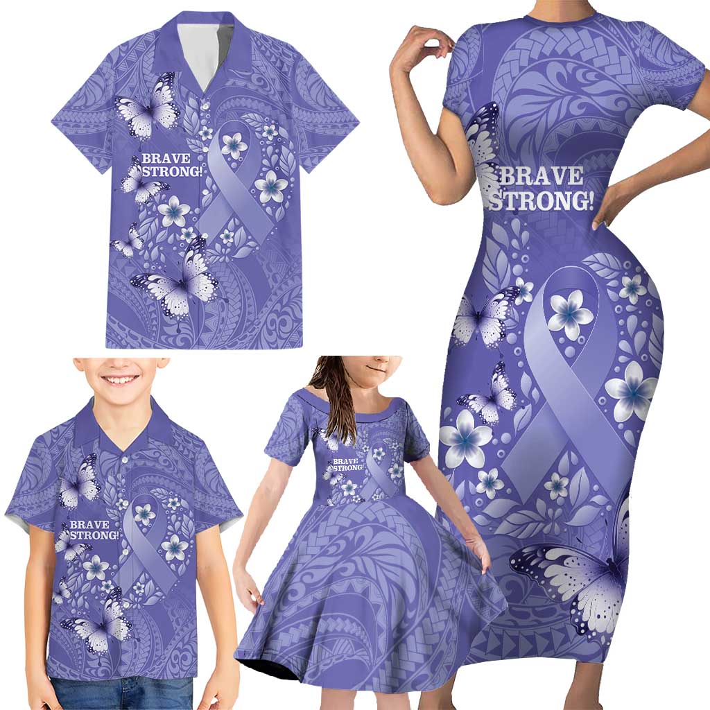 Polynesia Stomach Cancer Awareness Family Matching Short Sleeve Bodycon Dress and Hawaiian Shirt Periwinkle Ribbon Brave Strong!