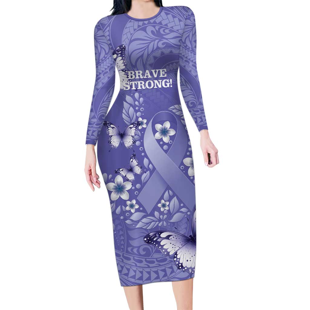 Polynesia Stomach Cancer Awareness Long Sleeve Bodycon Dress Periwinkle Ribbon Brave Strong!