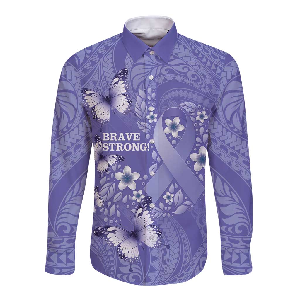 Polynesia Stomach Cancer Awareness Long Sleeve Button Shirt Periwinkle Ribbon Brave Strong!