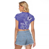 Polynesia Stomach Cancer Awareness Raglan Cropped T Shirt Periwinkle Ribbon Brave Strong! LT14 - Polynesian Pride
