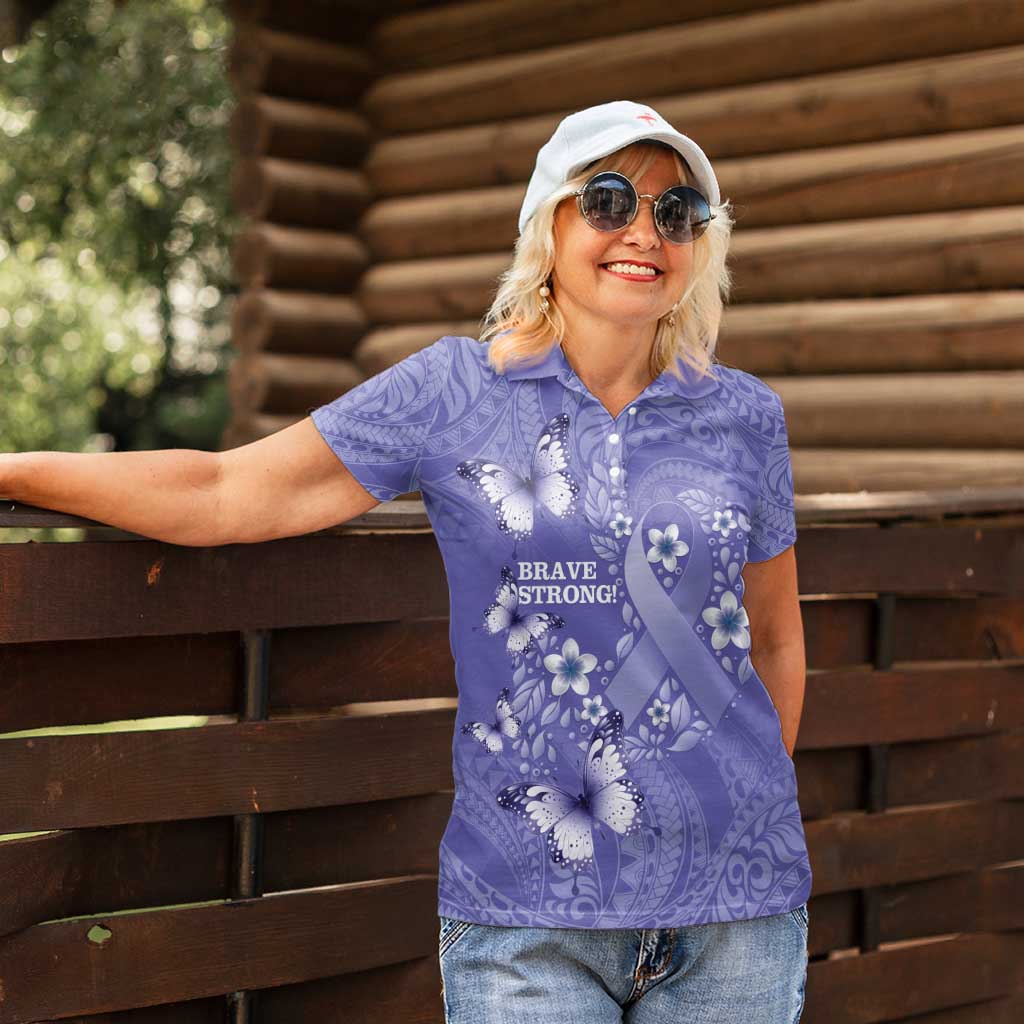 Polynesia Stomach Cancer Awareness Women Polo Shirt Periwinkle Ribbon Brave Strong!
