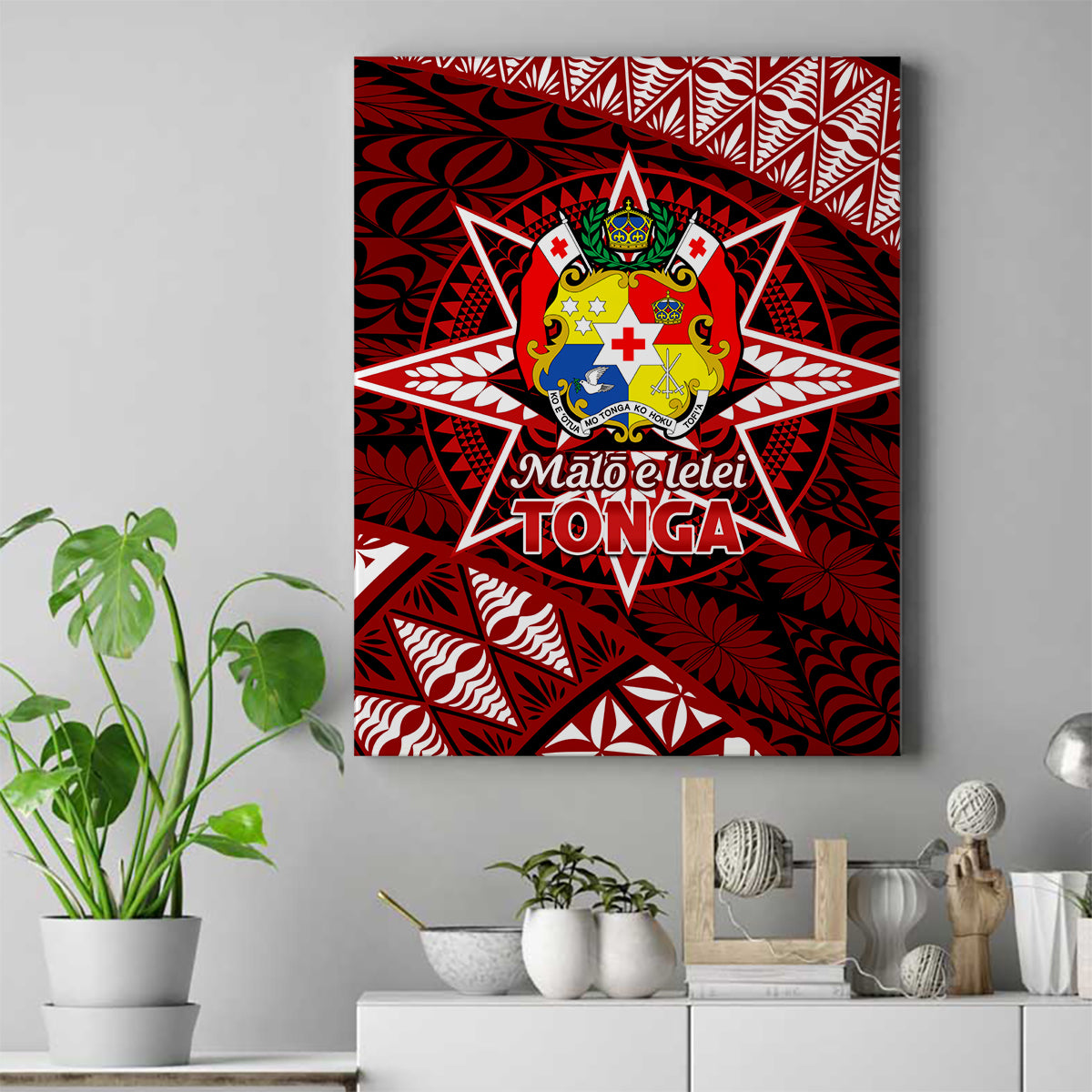 Malo e lelei Tonga Canvas Wall Art Tongan Ngatu Pattern Red Version LT14 Red - Polynesian Pride