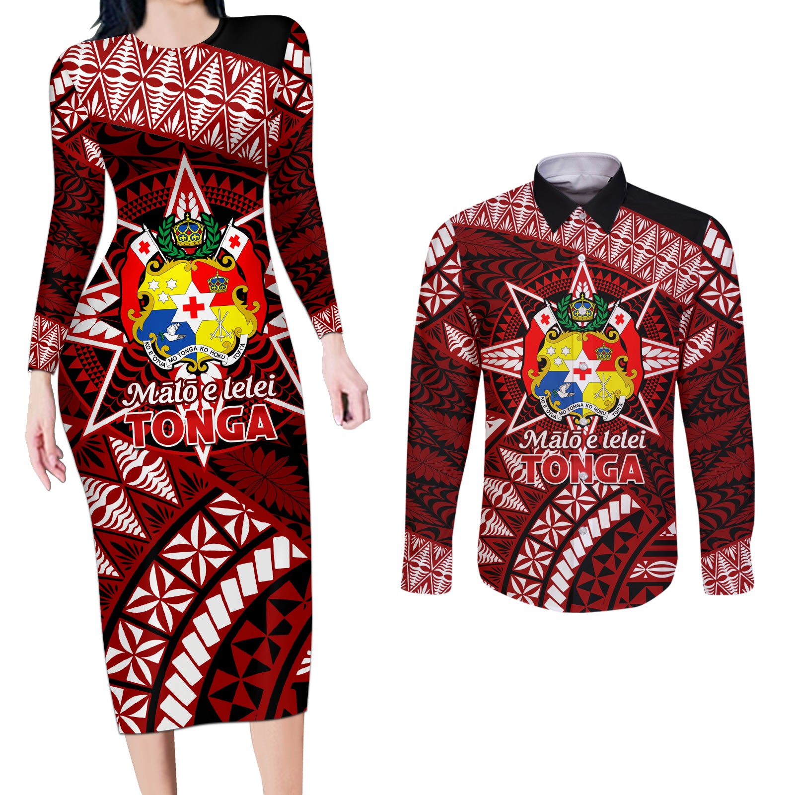 Malo e lelei Tonga Couples Matching Long Sleeve Bodycon Dress and Long Sleeve Button Shirt Tongan Ngatu Pattern Red Version LT14 Red - Polynesian Pride