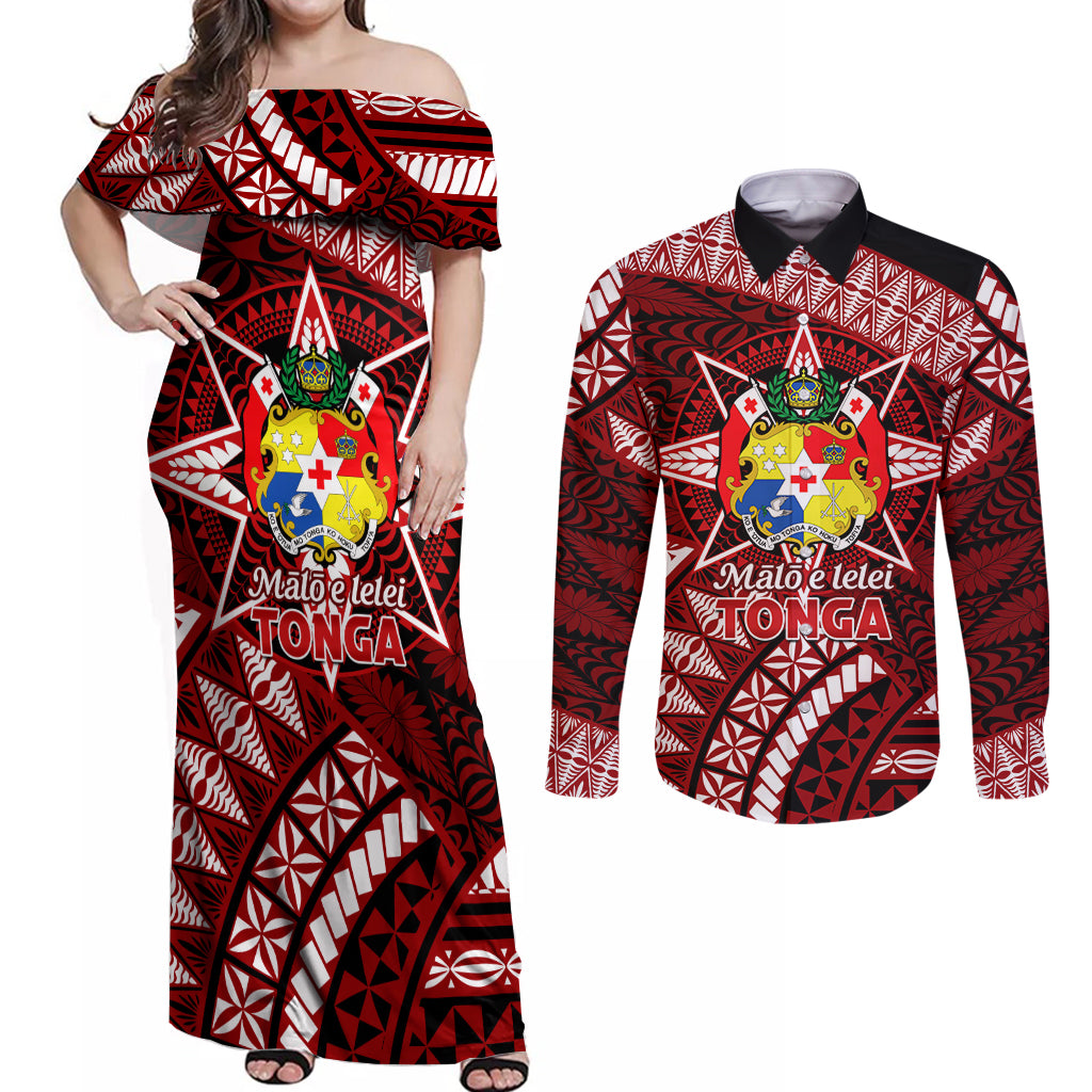 Malo e lelei Tonga Couples Matching Off Shoulder Maxi Dress and Long Sleeve Button Shirt Tongan Ngatu Pattern Red Version LT14 Red - Polynesian Pride