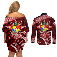 Malo e lelei Tonga Couples Matching Off Shoulder Short Dress and Long Sleeve Button Shirt Tongan Ngatu Pattern Red Version LT14 - Polynesian Pride