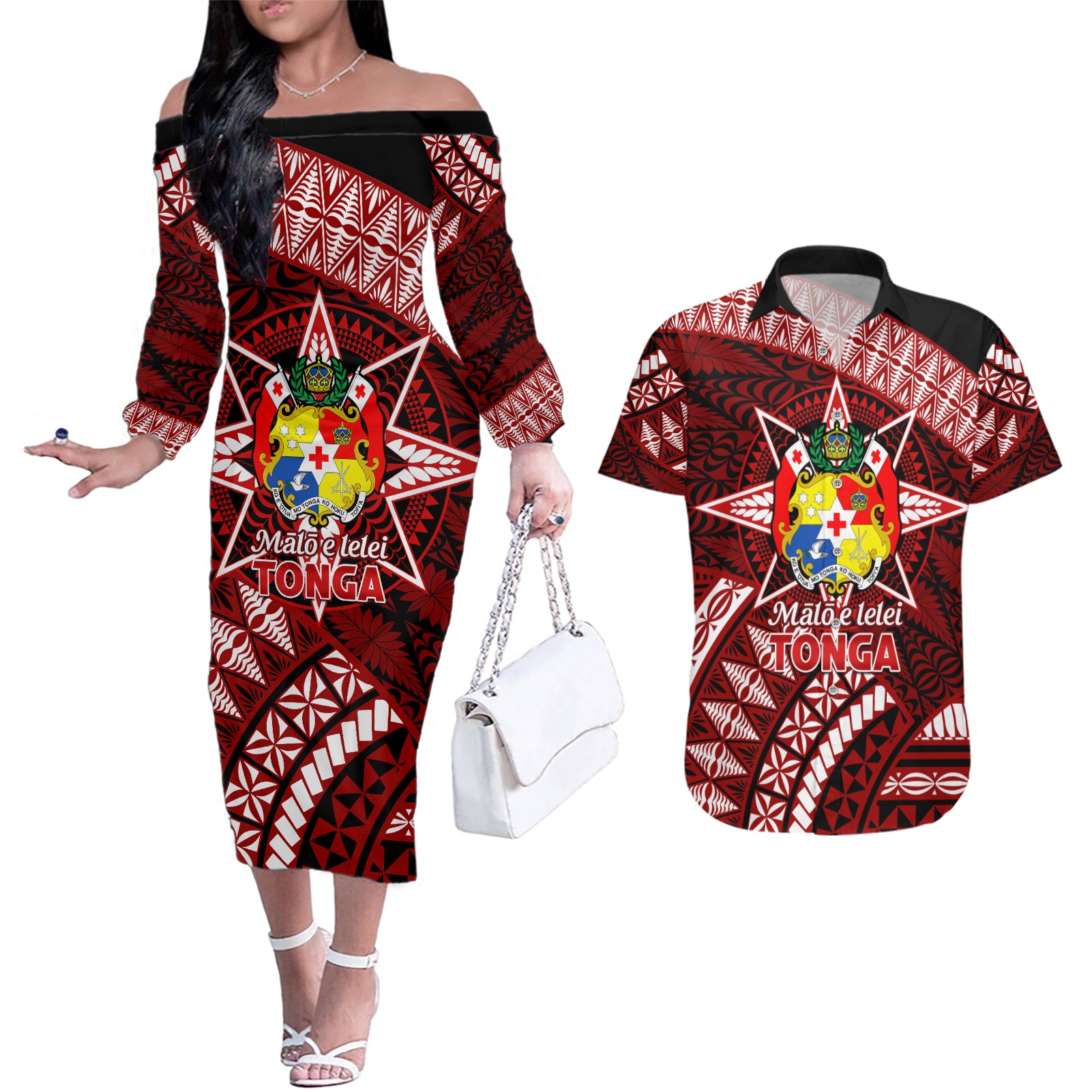 Malo e lelei Tonga Couples Matching Off The Shoulder Long Sleeve Dress and Hawaiian Shirt Tongan Ngatu Pattern Red Version LT14 Red - Polynesian Pride