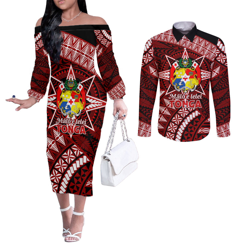 Malo e lelei Tonga Couples Matching Off The Shoulder Long Sleeve Dress and Long Sleeve Button Shirt Tongan Ngatu Pattern Red Version LT14 Red - Polynesian Pride