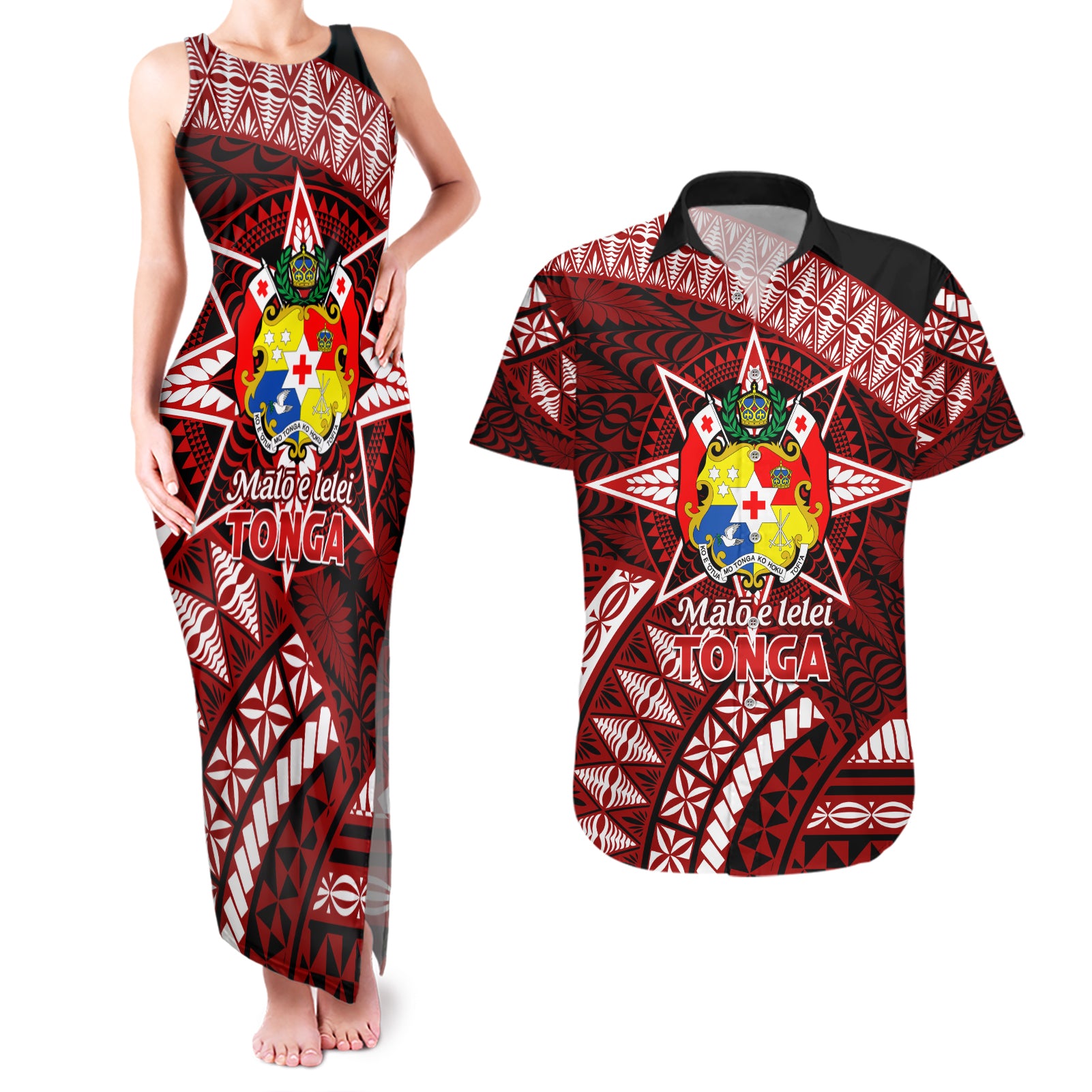 Malo e lelei Tonga Couples Matching Tank Maxi Dress and Hawaiian Shirt Tongan Ngatu Pattern Red Version LT14 Red - Polynesian Pride