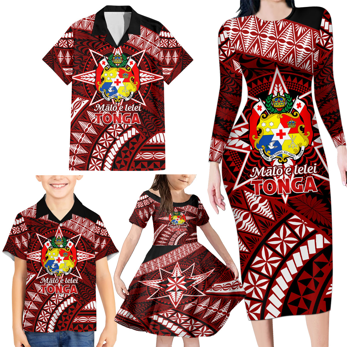 Malo e lelei Tonga Family Matching Long Sleeve Bodycon Dress and Hawaiian Shirt Tongan Ngatu Pattern Red Version LT14 - Polynesian Pride