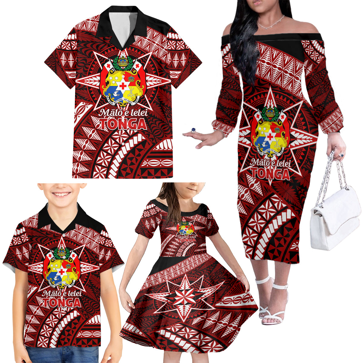 Malo e lelei Tonga Family Matching Off Shoulder Long Sleeve Dress and Hawaiian Shirt Tongan Ngatu Pattern Red Version LT14 - Polynesian Pride