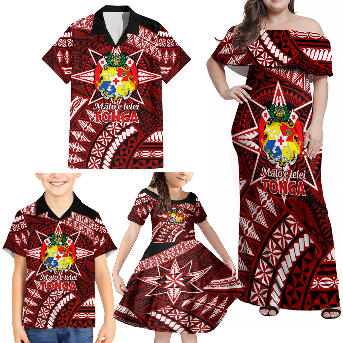 Malo e lelei Tonga Family Matching Off Shoulder Maxi Dress and Hawaiian Shirt Tongan Ngatu Pattern Red Version LT14 - Polynesian Pride