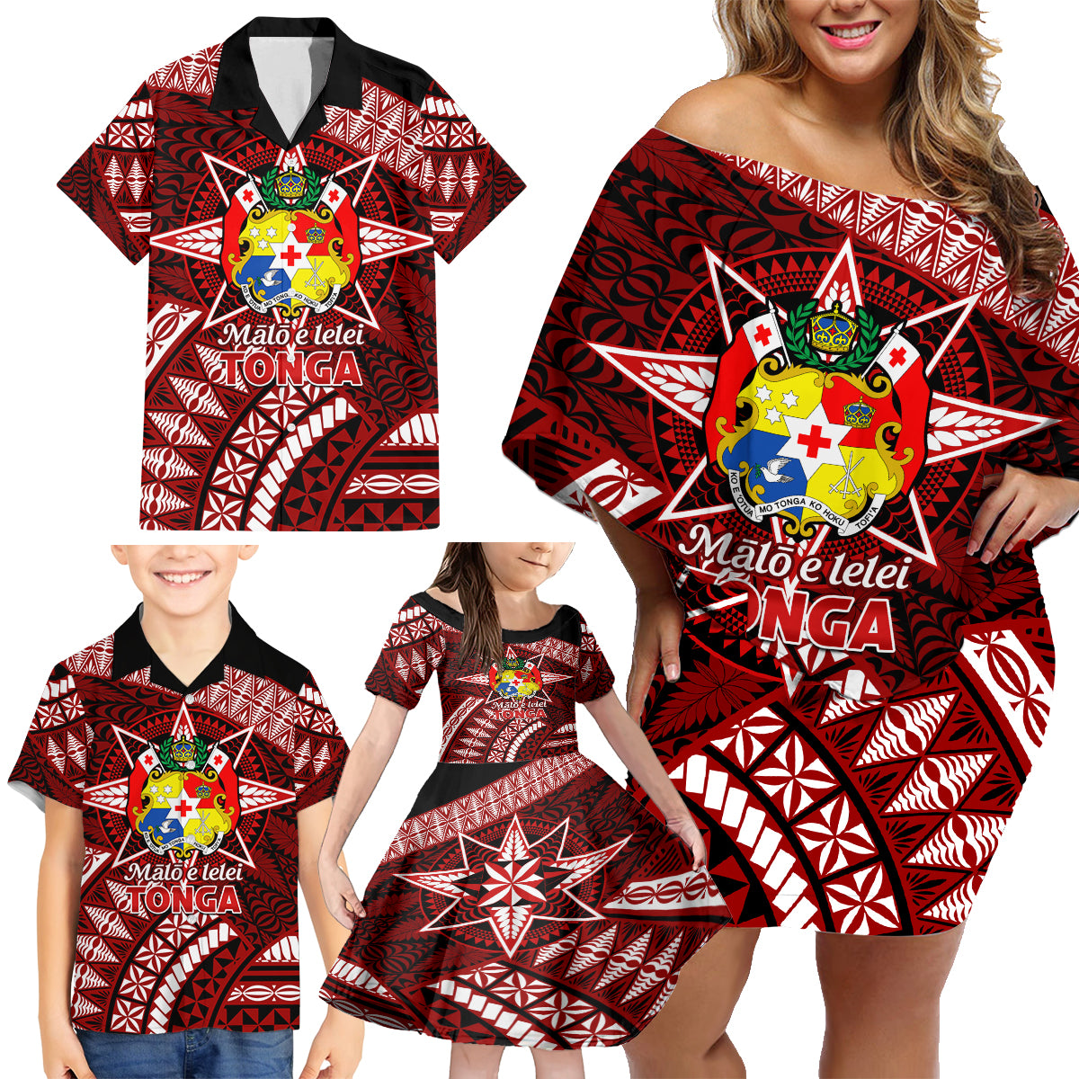 Malo e lelei Tonga Family Matching Off Shoulder Short Dress and Hawaiian Shirt Tongan Ngatu Pattern Red Version LT14 - Polynesian Pride