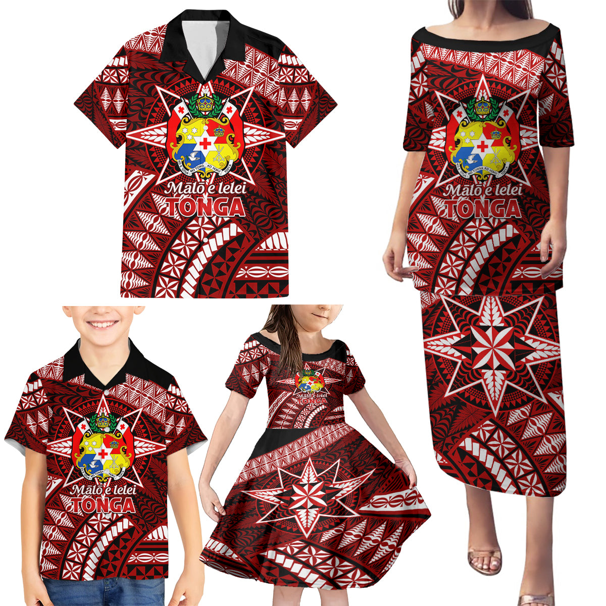 Malo e lelei Tonga Family Matching Puletasi Dress and Hawaiian Shirt Tongan Ngatu Pattern Red Version LT14 - Polynesian Pride