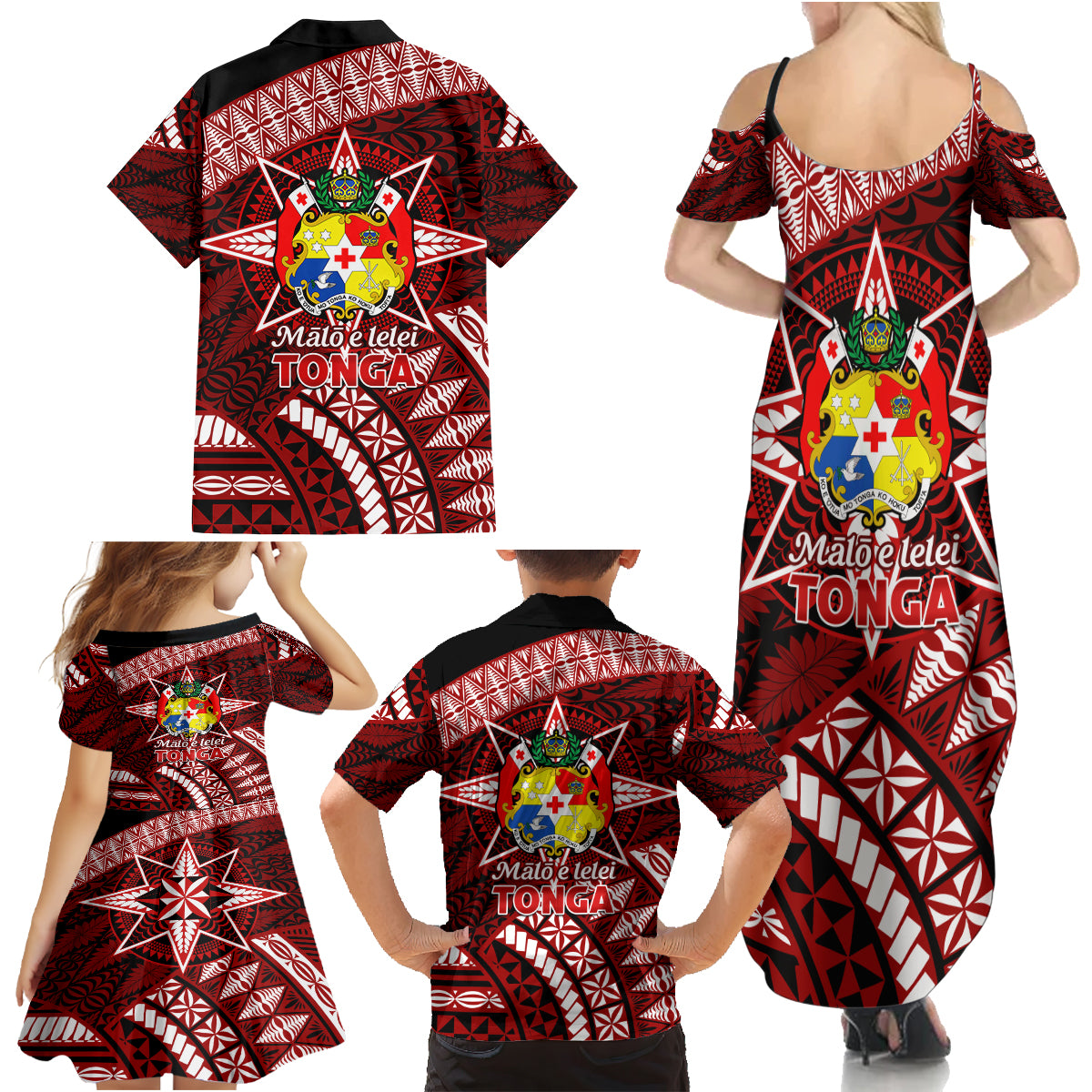 Malo e lelei Tonga Family Matching Summer Maxi Dress and Hawaiian Shirt Tongan Ngatu Pattern Red Version LT14 - Polynesian Pride