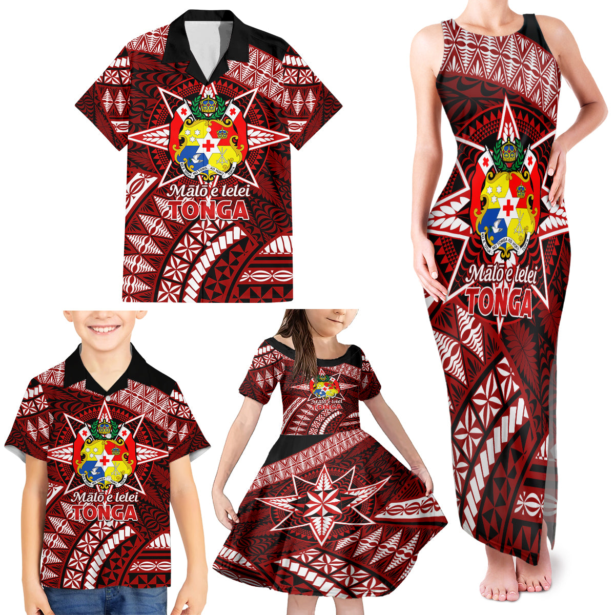 Malo e lelei Tonga Family Matching Tank Maxi Dress and Hawaiian Shirt Tongan Ngatu Pattern Red Version LT14 - Polynesian Pride