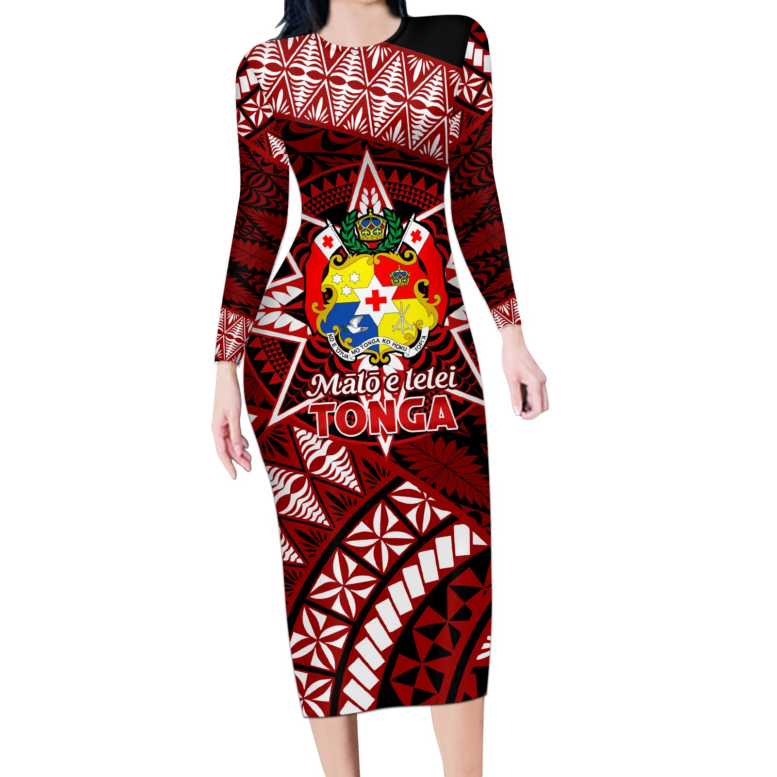 Malo e lelei Tonga Long Sleeve Bodycon Dress Tongan Ngatu Pattern Red Version LT14 Long Dress Red - Polynesian Pride