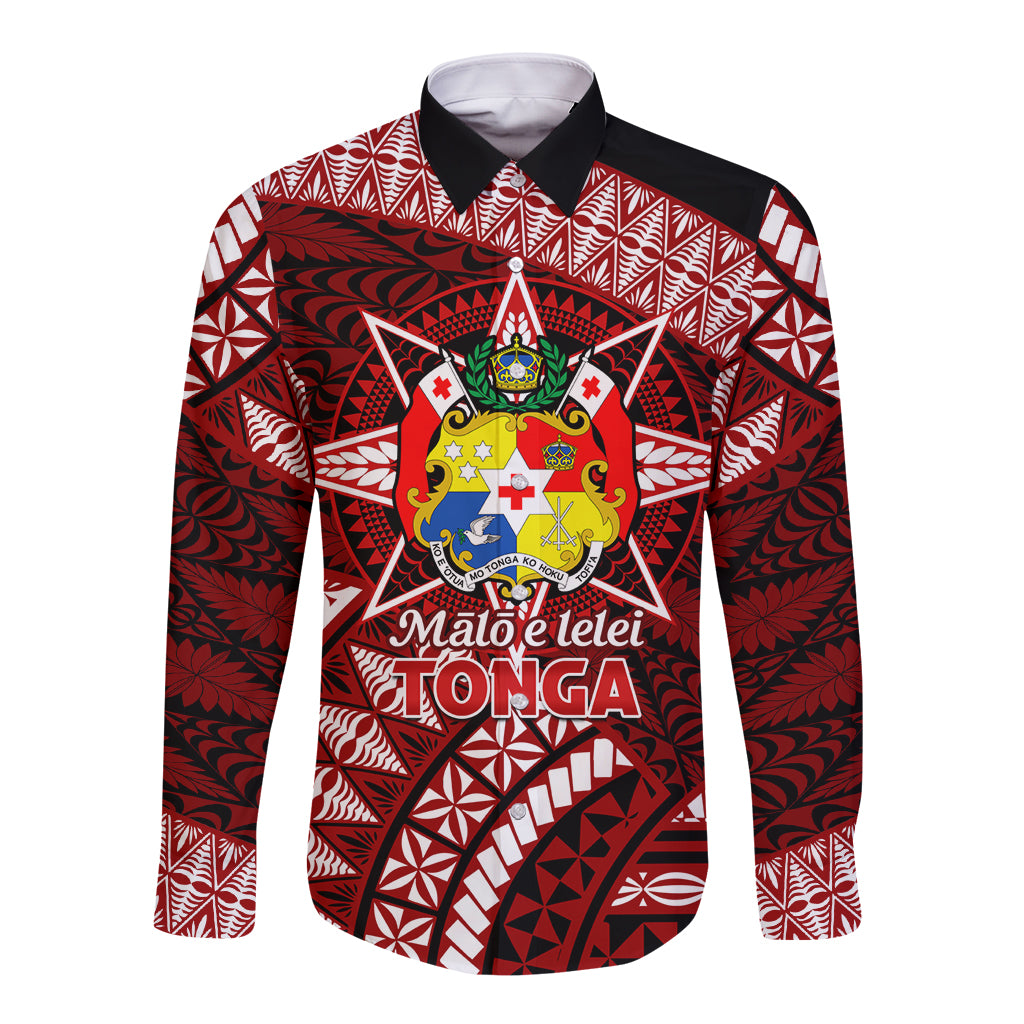 Malo e lelei Tonga Long Sleeve Button Shirt Tongan Ngatu Pattern Red Version LT14 Unisex Red - Polynesian Pride