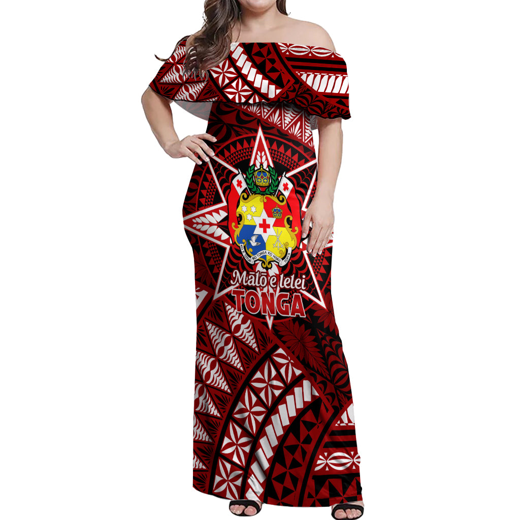 Malo e lelei Tonga Off Shoulder Maxi Dress Tongan Ngatu Pattern Red Version LT14 Women Red - Polynesian Pride