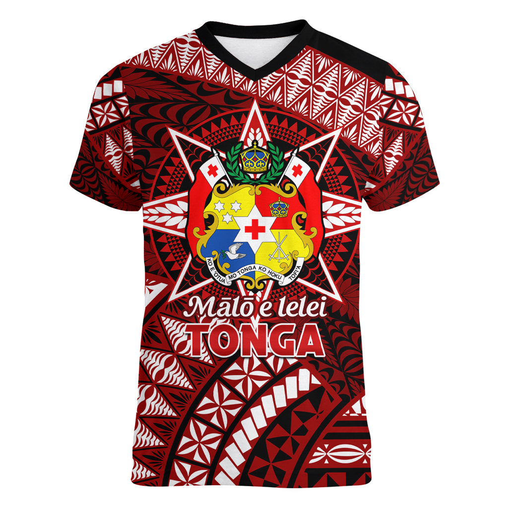 Malo e lelei Tonga Women V Neck T Shirt Tongan Ngatu Pattern Red Version LT14 Female Red - Polynesian Pride