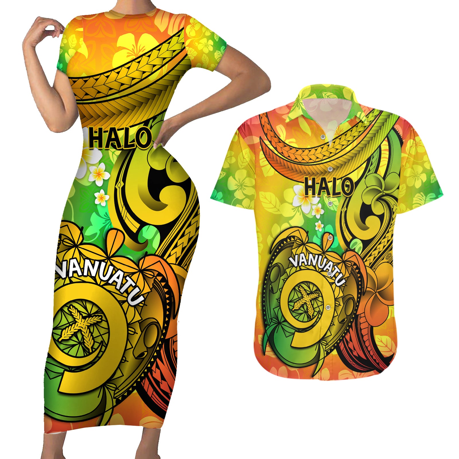 Halo Vanuatu Couples Matching Short Sleeve Bodycon Dress and Hawaiian Shirt Sand Drawing Turtle Polynesian Tropical Flowers LT14 Reggae - Polynesian Pride