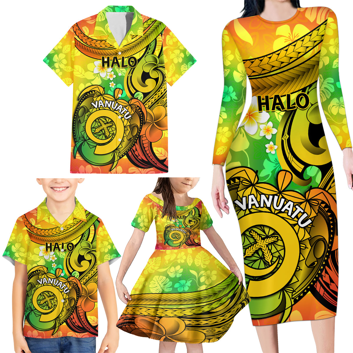 Halo Vanuatu Family Matching Long Sleeve Bodycon Dress and Hawaiian Shirt Sand Drawing Turtle Polynesian Tropical Flowers LT14 - Polynesian Pride