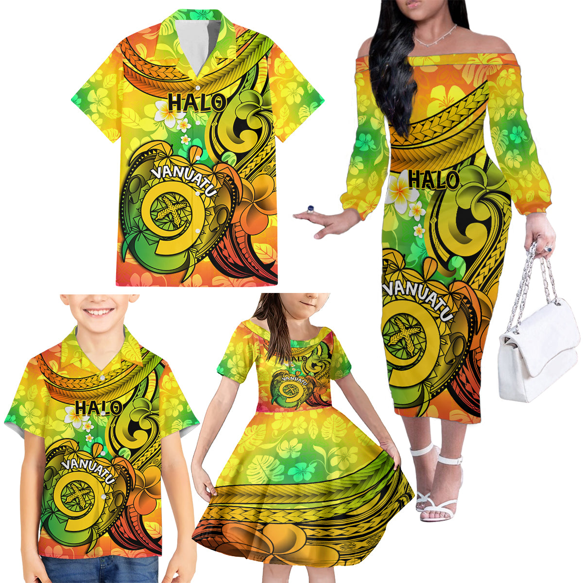 Halo Vanuatu Family Matching Off Shoulder Long Sleeve Dress and Hawaiian Shirt Sand Drawing Turtle Polynesian Tropical Flowers LT14 - Polynesian Pride