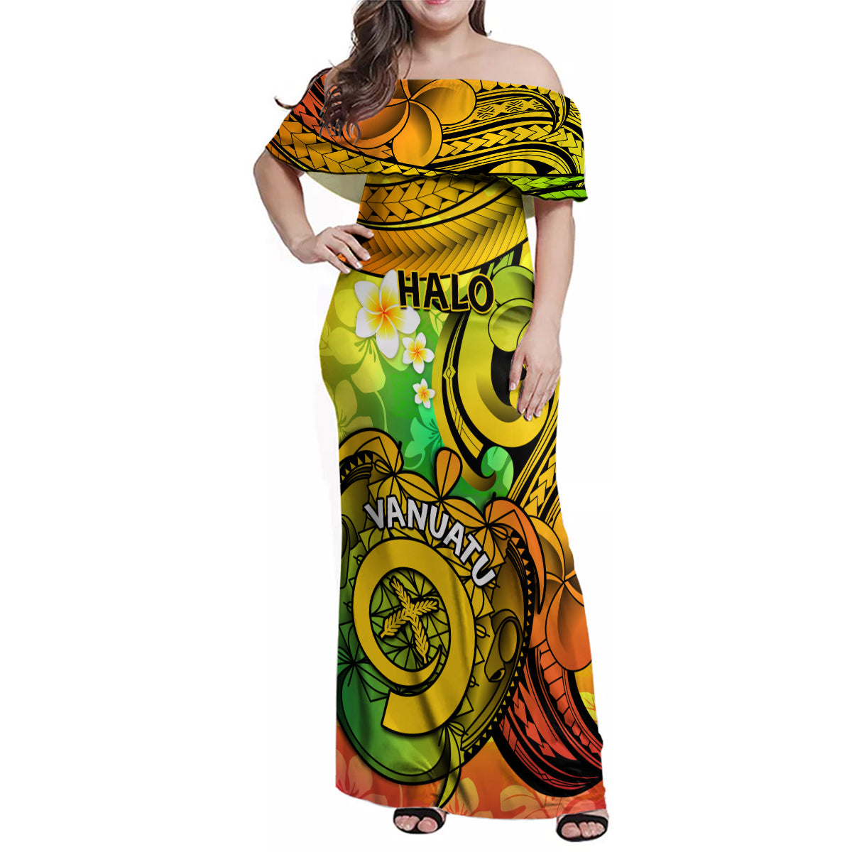 Halo Vanuatu Family Matching Off Shoulder Maxi Dress and Hawaiian Shirt Sand Drawing Turtle Polynesian Tropical Flowers LT14 Mom's Dress Reggae - Polynesian Pride
