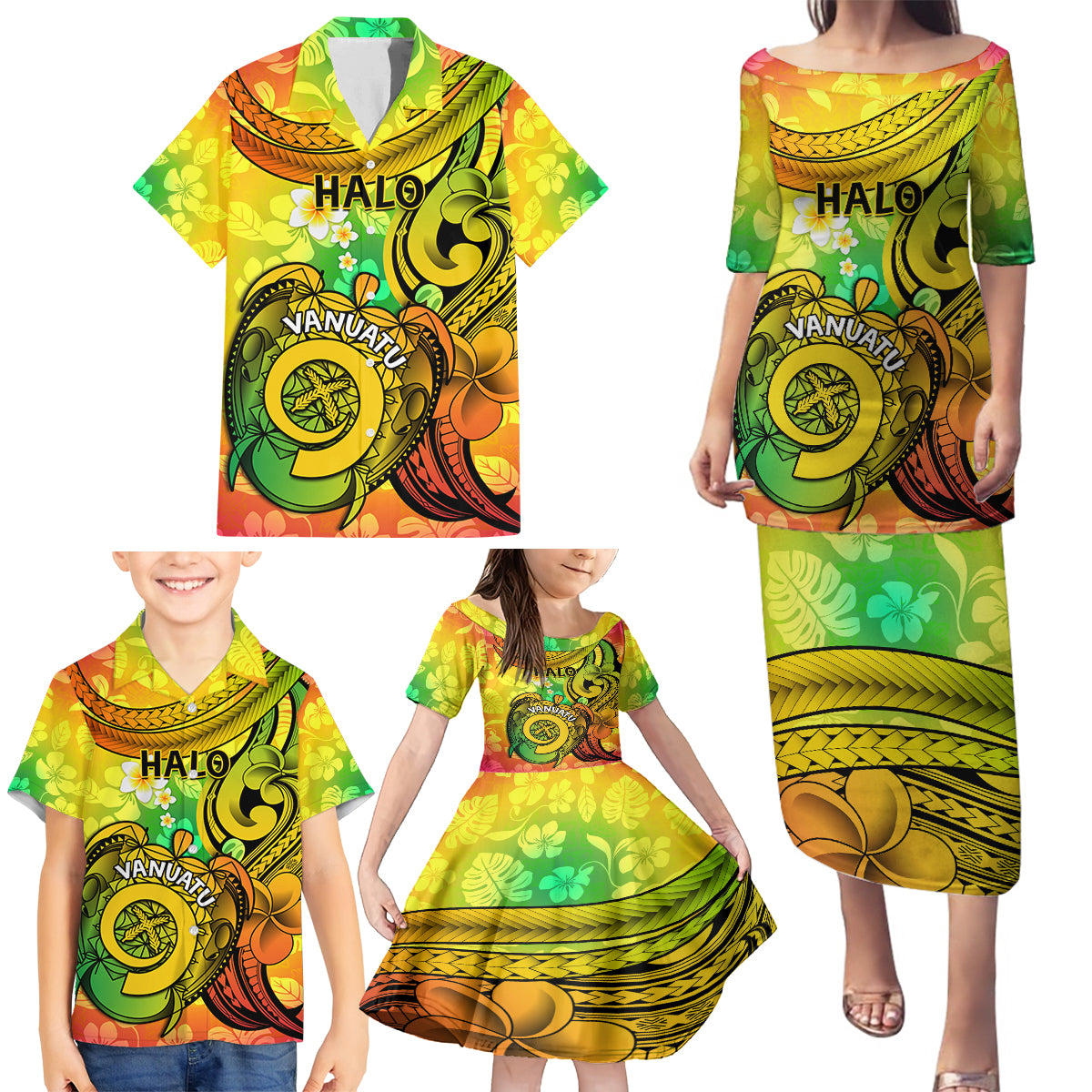 Halo Vanuatu Family Matching Puletasi Dress and Hawaiian Shirt Sand Drawing Turtle Polynesian Tropical Flowers LT14 - Polynesian Pride