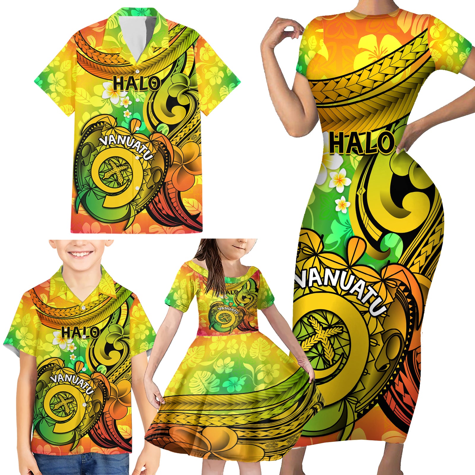 Halo Vanuatu Family Matching Short Sleeve Bodycon Dress and Hawaiian Shirt Sand Drawing Turtle Polynesian Tropical Flowers LT14 - Polynesian Pride