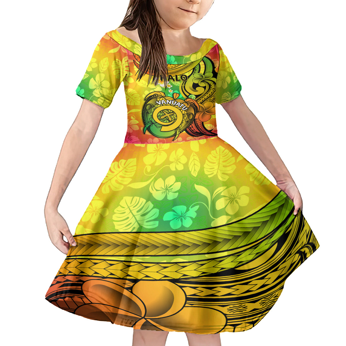 Halo Vanuatu Kid Short Sleeve Dress Sand Drawing Turtle Polynesian Tropical Flowers LT14 KID Reggae - Polynesian Pride