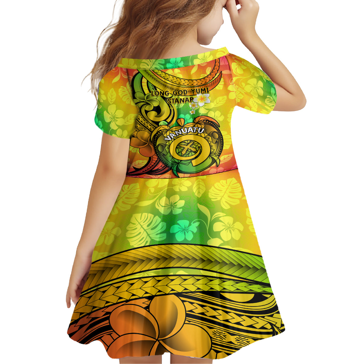 Halo Vanuatu Kid Short Sleeve Dress Sand Drawing Turtle Polynesian Tropical Flowers LT14 - Polynesian Pride