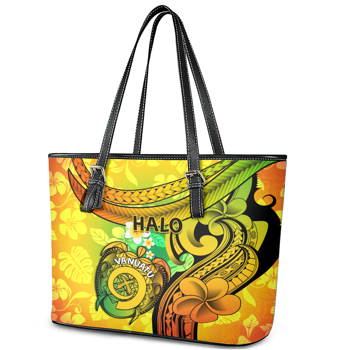 Halo Vanuatu Leather Tote Bag Sand Drawing Turtle Polynesian Tropical Flowers LT14 - Polynesian Pride