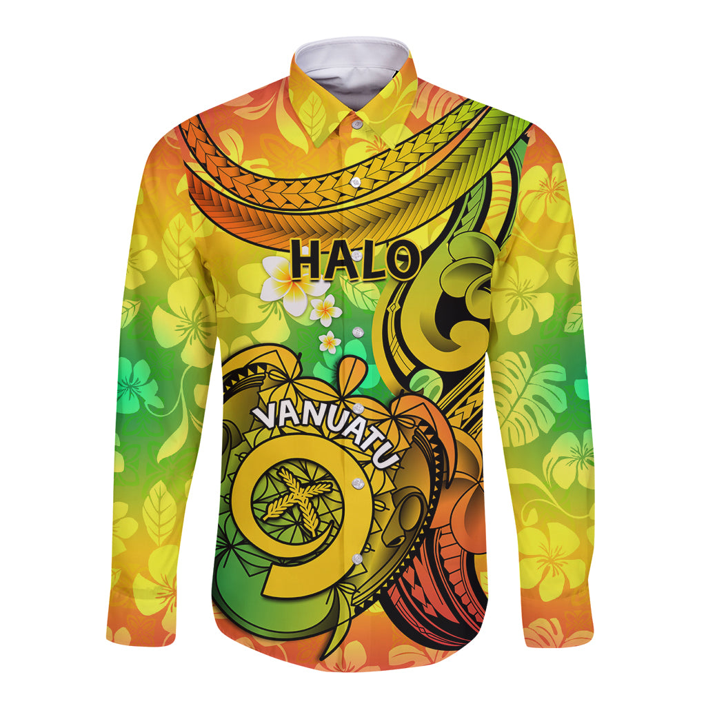 Halo Vanuatu Long Sleeve Button Shirt Sand Drawing Turtle Polynesian Tropical Flowers LT14 Unisex Reggae - Polynesian Pride