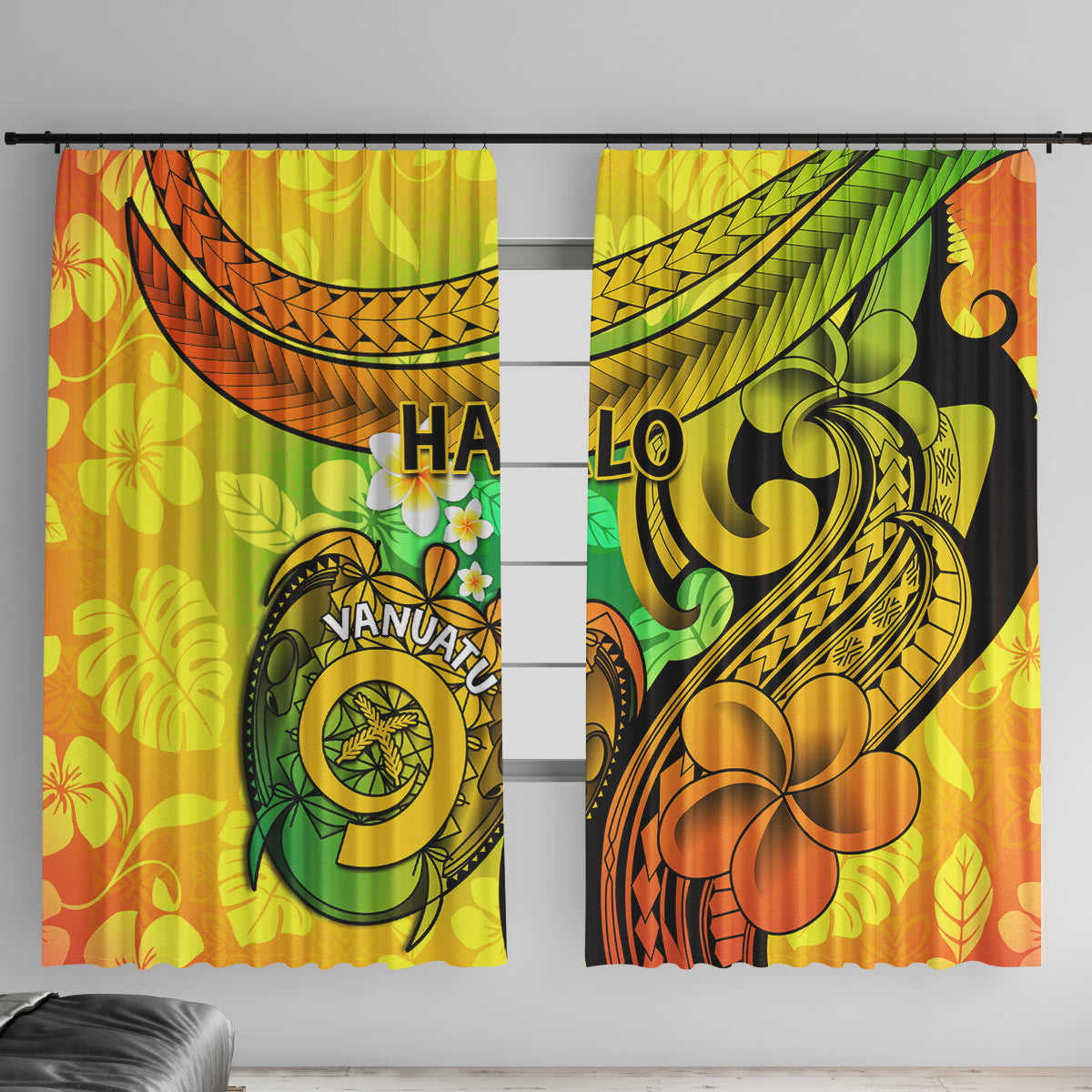 Halo Vanuatu Window Curtain Sand Drawing Turtle Polynesian Tropical Flowers LT14 With Hooks Reggae - Polynesian Pride