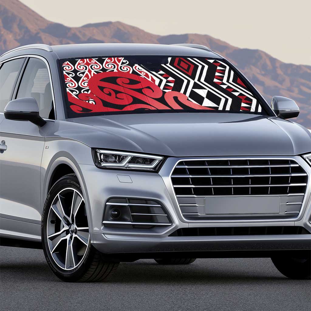 New Zealand Auto Sun Shade Aotearoa Kowhaiwhai Mix Taniko Art - Red - Polynesian Pride